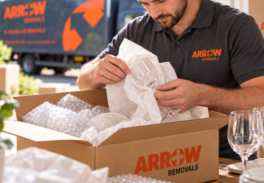 Arrow Removals team carefully securing furniture inside a removals vehicle